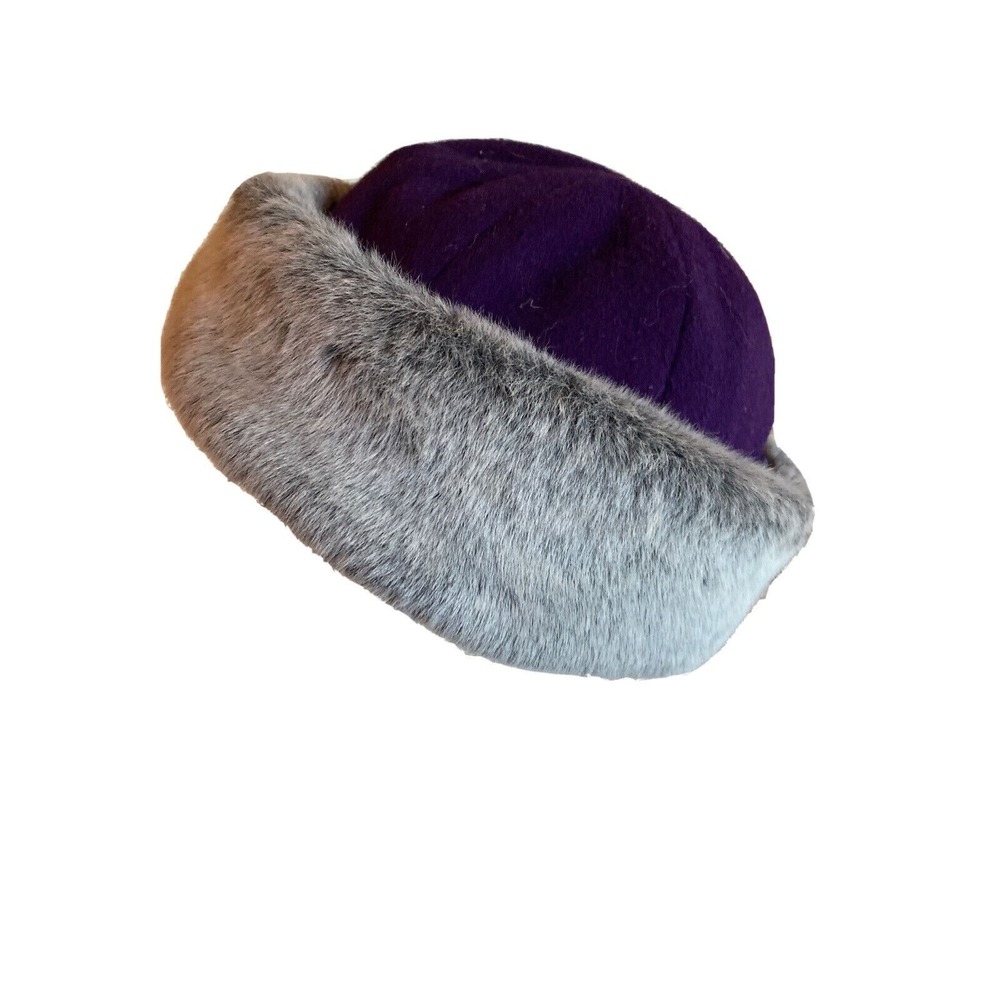 Rothschild Pillbox Hat Purple Wool Grey Faux Fur Trim Vintage Russian Style 6